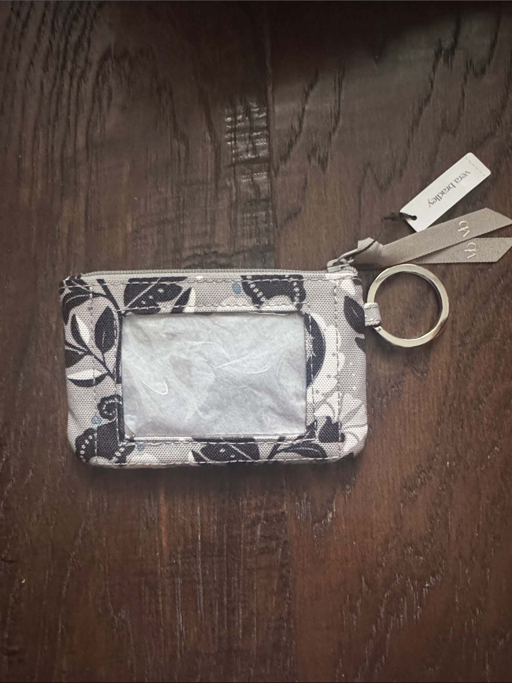 Vera Bradley ID Card Wallet Gray Floral Holder Keyring